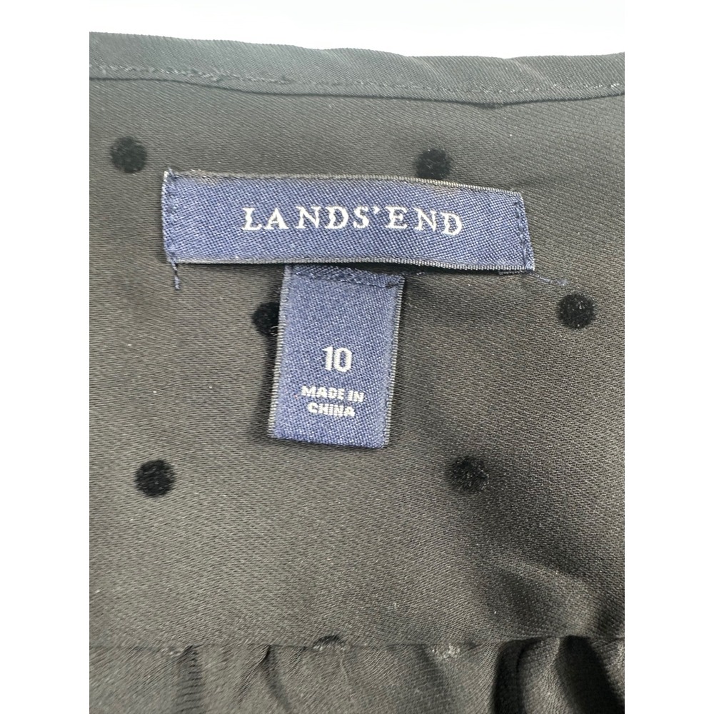 Lands End Womens Black Flocked Polka Dot V-Neck Button Front Blouse Size 10